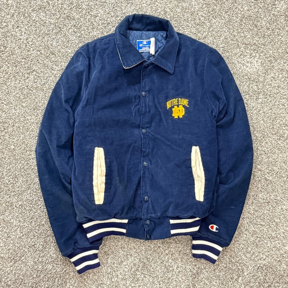 Vintage 80s Champion‎ Notre Dame Corduroy Bomber Jacket Mens M Navy USA Made